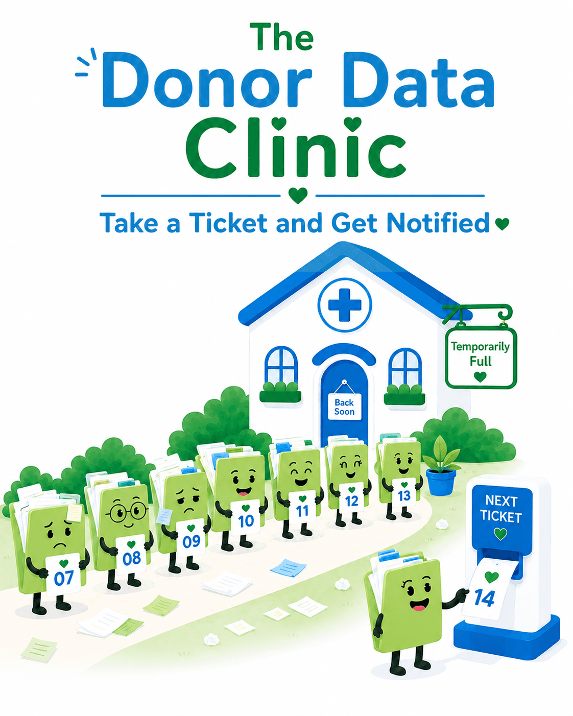 Donor data folders waiting in line with a Next Ticket dispenser